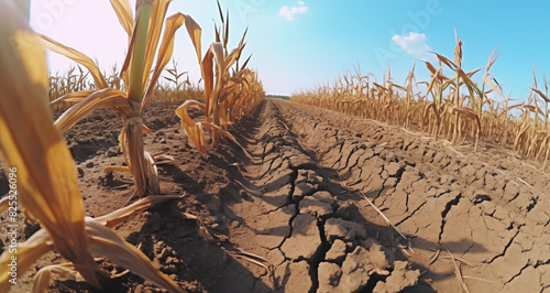 Crops affected by droughts. Cracked ground from drought. Drought, crop failure. Background for banner, flyer, advertising. 