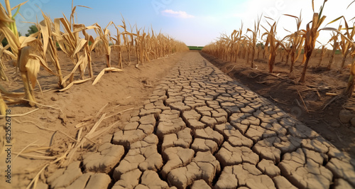 Crops affected by droughts. Cracked ground from drought. Drought, crop failure. Background for banner, flyer, advertising. 