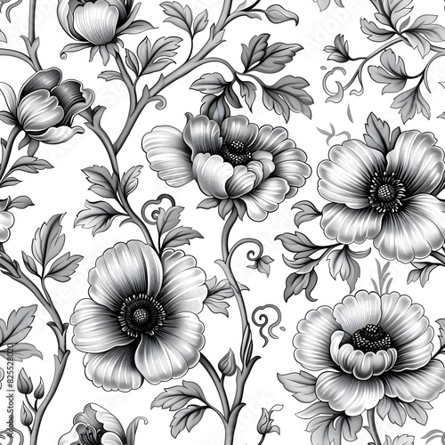 Elegant Toile de Jouy Flower Design Showcasing Exquisite Botanical Details and Symmetry