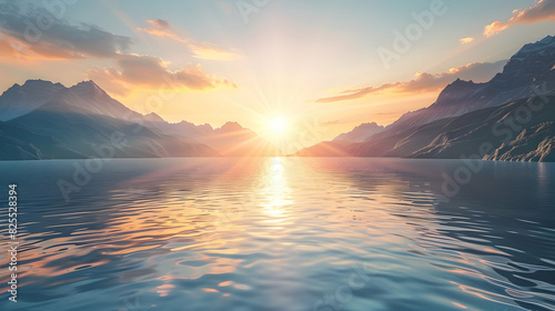 sun lights of rising sun behind hte mountains nearby the water of lake. realistic hyperrealistic