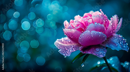 Peony flower, water drops, nature bokeh background, copy space