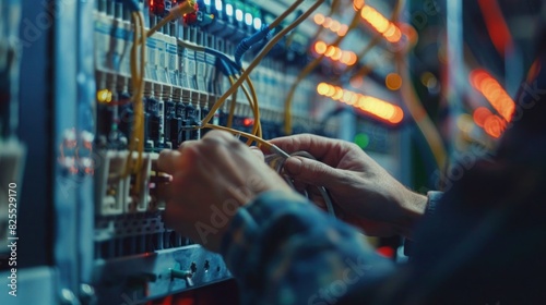 A male electrician works in a switchboard to connect electric wires in the system. Electrician engineer test the electrical installation and power line current in an electrical system control cabinet