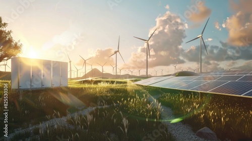 Una fotografía de un campo verde con algunas unidades de energía eólica, iluminada por la brillante luz cálida de la tarde. La imagen muestra detalles intrincados y está en alta resolución.