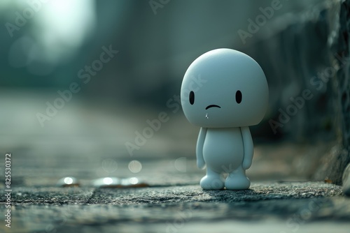 Un personaje simple y lindo que está triste, con una lágrima en su mejilla, llorando. No hay nada en el fondo, luz suave, estilo simple, plástico mate, en el estilo de Pocoyo 3D, color gris.