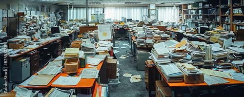 A serene and unoccupied accounting office, each desk covered with a multitude of documents and paperwork, illustrating a busy work environment