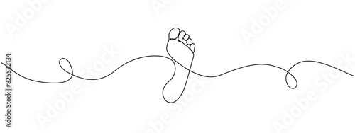 Barefoot drawn in one continuous line. Female footprint in a simple linear style. Foot massage and cosmetic foot care concept. Vector editable illustration
