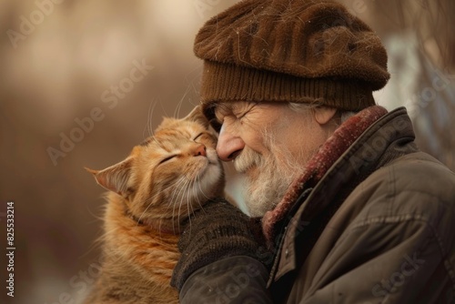 An older gentleman is giving a peck on the nose to a cat
