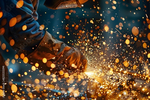 A worker in a hard hat and protective mask processes metal using a grinding machine. Sparks fly in all directions, illuminating him. The background is made in bright colors and shows the silhouette of