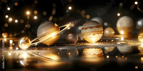 Illuminated Miniature Solar System Model with Planets in a Dark Room. Concept Solar System Model, Illuminated Display, Miniatures, Planetary Science, Space Exploration