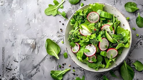 Fresh green salad with radishes and spinach on a rustic background. Healthy eating concept. Ideal for food blogs, menus, and culinary websites. AI