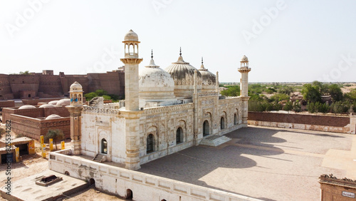 Aerial View of Abbasi Mosque Derawar Fort In Bahawalpur. Drone View of Abbasi Mosque Near Qila Derawer in Punjab Pakistan. Abbasi Mosque was built by Nawab Bahawal Khan in 1849. Beautiful Ariel View.