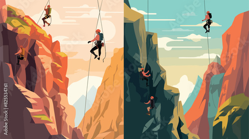 Climbing and mountaineering advertising posters set