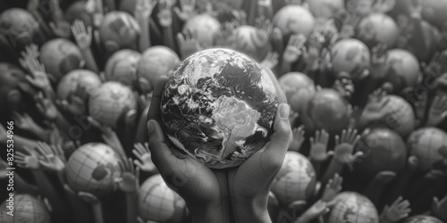 Black and white photo of a hand holding a globe with a crowd of faceless people in the background.