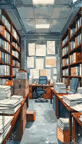 A meticulous illustration of an accounting office, showing 56 desks loaded with papers and documents, in a quiet and unpopulated setting