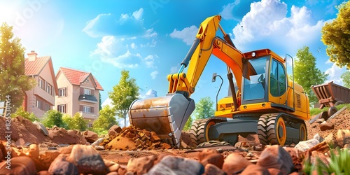 Illustration of an Excavator at a Construction Site for Children's Learning. Concept Construction Vehicles, Educational Illustration, Excavator at Work, Kids Learning, Construction Site