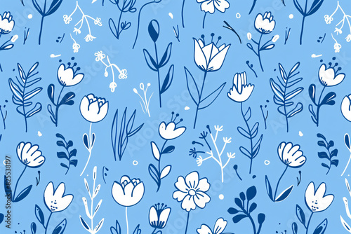 Seamless pattern with white flowers and leaves on a blue background creating a fresh and delicate design