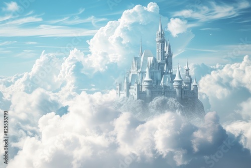 A beautiful castle in a cute, magical kingdom tucked behind a cloud, Majestic castle kingdom on sky and clouds