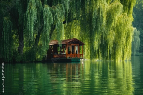 A houseboat on a serene lake surrounded by weeping willows