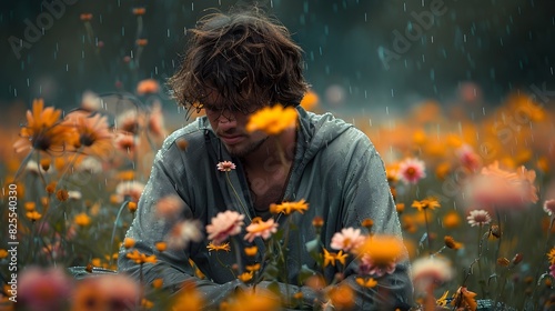 Miserable Spring An Individual Sitting in a Field of Yellow Flowers Overwhelmed by Allergies