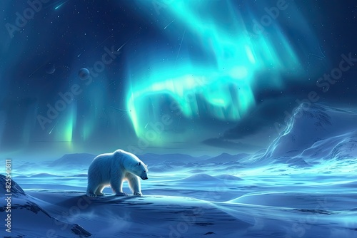 A snowy landscape with a lone polar bear under the northern lights