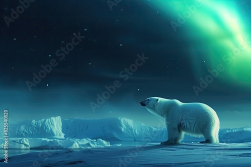 A snowy landscape with a lone polar bear under the northern lights