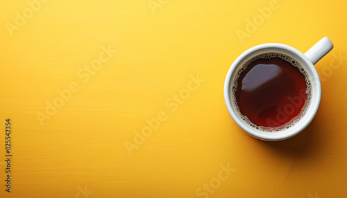 A cup of coffee sits on a sunny yellow table surrounded by various sauces and condiments