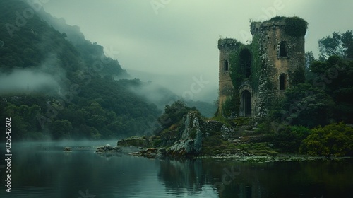 a abandoned medieval ruin in a mystic forest landscape with river