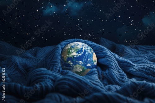 Visual representation of a sleeping earth, tucked under a starry blanket to mark World Sleep Day