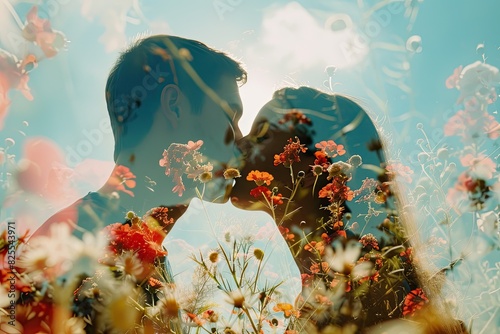 A couple kissing, their faces superimposed on a field of flowers, representing the beauty and fragility of their love