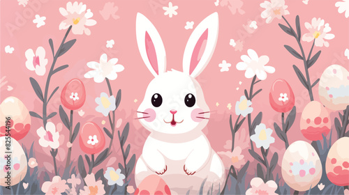 Easter seamless banner with cute fluffy bunny rabbi