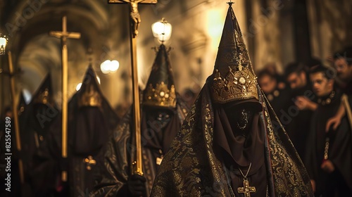 penitents in traditional robes participating in solemn holy week processions in seville spain cultural photography
