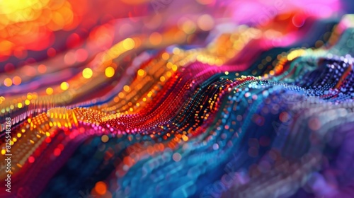 A textile artwork featuring layers upon layers of colorful threads symbolizing the multiple dimensions and parallel universes in the quantum realm.