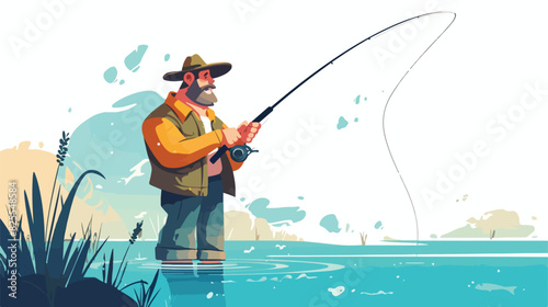 Fisherman or angler cartoon character holding fishi