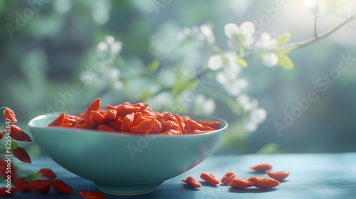 Dry goji berries in a blue bowl on a table