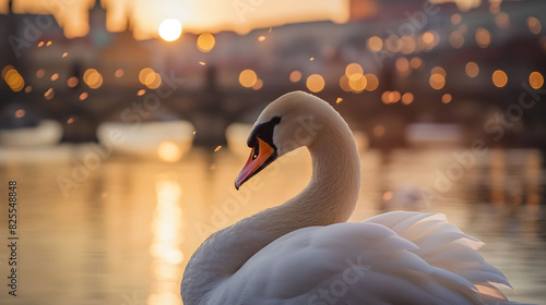 White swan on the Vltava river in Prague