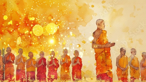Buddhist monks in orange robes in a row with yellow bokeh background Concept of spirituality religious practice and meditation illustration