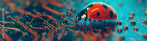 ladybug on a computer board, visualizing a computer bug or computer error, created with generative AI technology