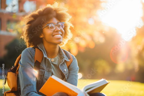Joyful student studying outdoors on university campus, sunlight illuminating textbooks.