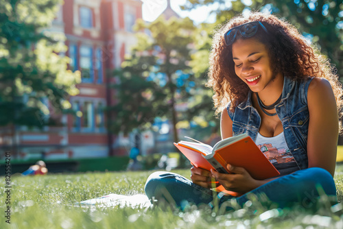 Joyful student studying outdoors on university campus, sunlight illuminating textbooks.