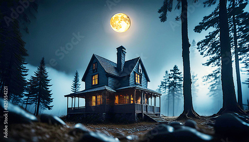 Ein Spukhaus, ein Haunted House in einem dunklen und unheimlichen Wald mit Tannen und Nadelbäumen die im Nebel zu erkennen sind. Es ist unheimlich aber im Haus ist Licht. Der Mond scheint hell.