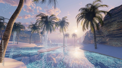A futuristic oasis nestled within a desert of binary code, where palm trees sway in a simulated breeze beside shimmering holographic pools. 32k, full ultra hd, high resolution