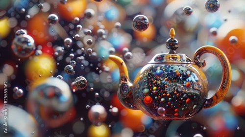 A whimsical scene of a teapot with invisible gluons holding together the protons and neutrons in its metal material.