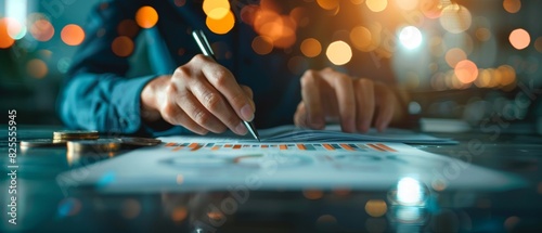 Close-up of hands focusing on a financial graph and data analysis, in a bokeh background, depicting business planning and strategy.