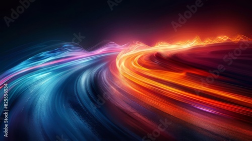 Dynamic abstract image with vibrant blue and red light trails curving against a dark background, symbolizing motion and speed.