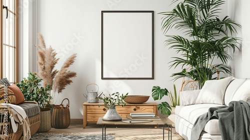 Vintage and cozy space with poster frame, sofa, coffee table, plants, commode. Generative Ai