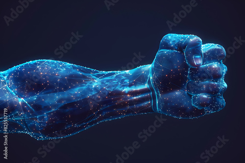 Human power low poly wireframe banner template. Polygonal physical strength, strong bodybuilder, athlete body mesh art illustration. 3D male hand muscles, flexed biceps with connected dots