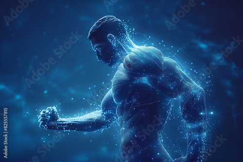 Human power low poly wireframe banner template. Polygonal physical strength, strong bodybuilder, athlete body mesh art illustration. 3D hand muscles, flexed biceps with connected dots 