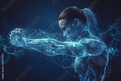 Human power low poly wireframe banner template. Polygonal physical strength, strong bodybuilder, athlete body mesh art illustration. 3D hand muscles, flexed biceps with connected dots 