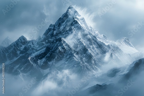 Stunning image of a majestic, snow-covered mountain peak surrounded by mist, evoking a sense of awe and serenity in a winter landscape.