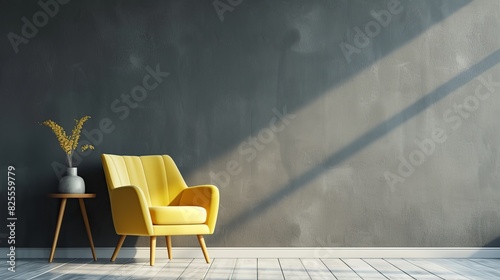 The interior has a soft yellow armchair on empty gray wall background. Generative Ai